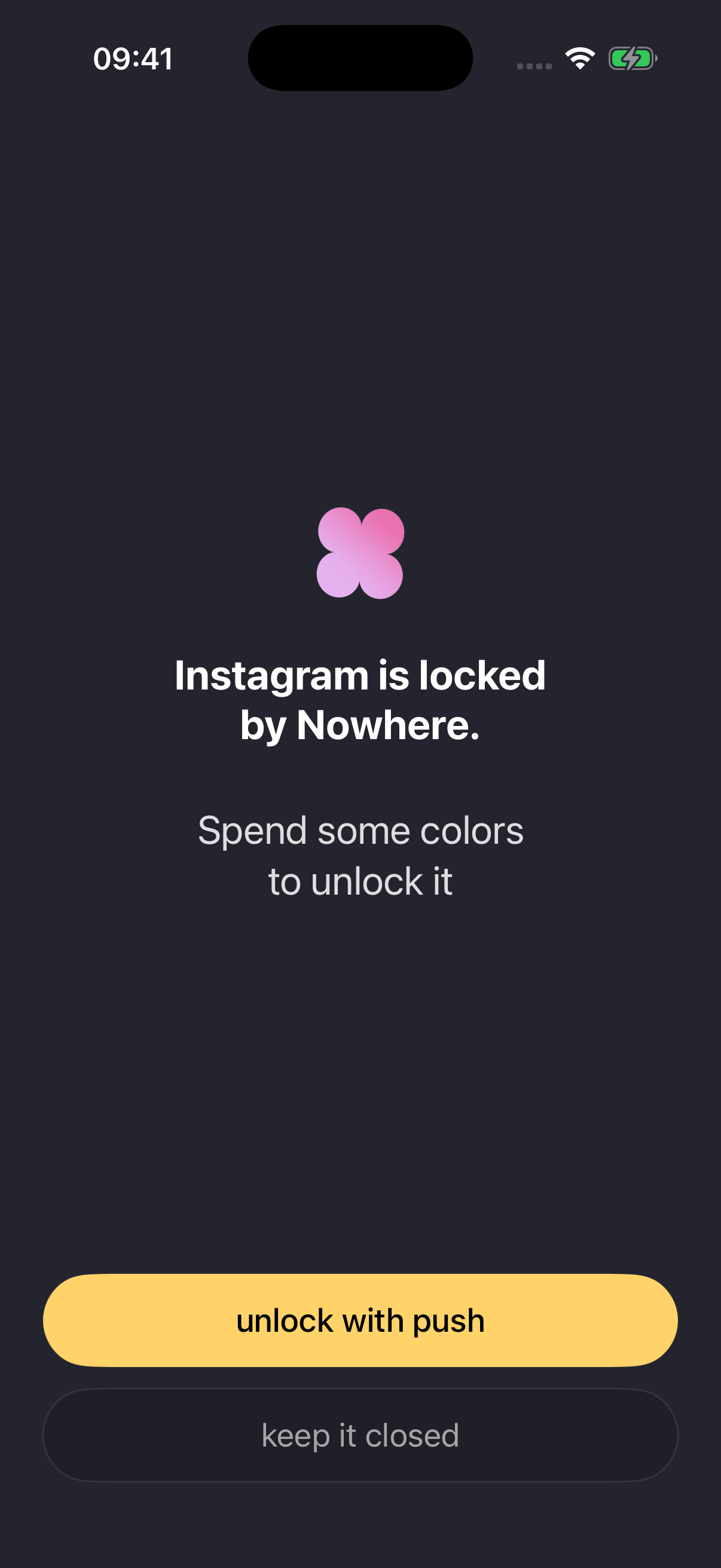 Blocking screen preview: Instagram is locked by Nowhere, with options to unlock or keep it closed