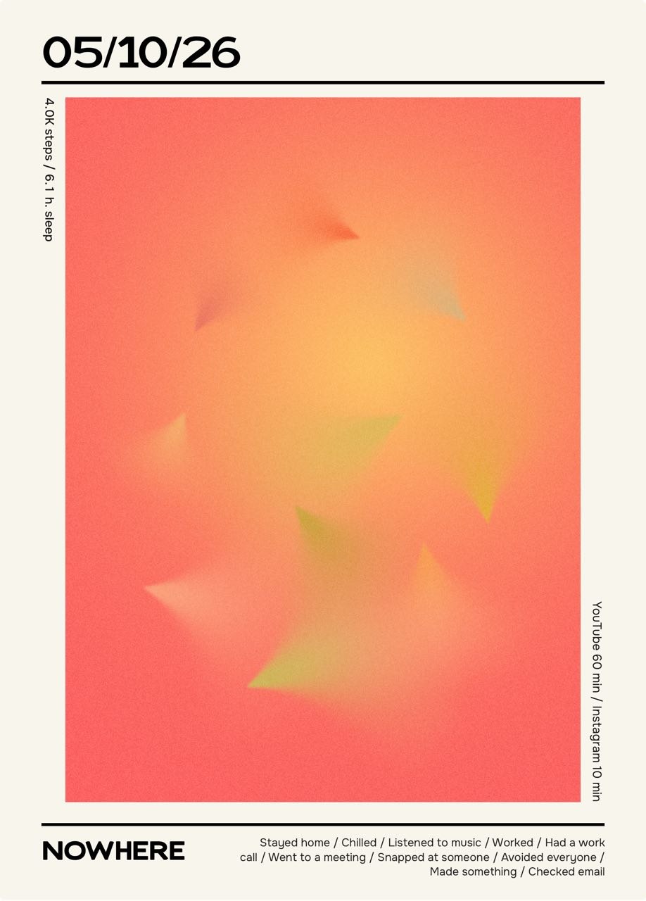 Nowhere day poster with a coral glow and softly blurred triangular forms